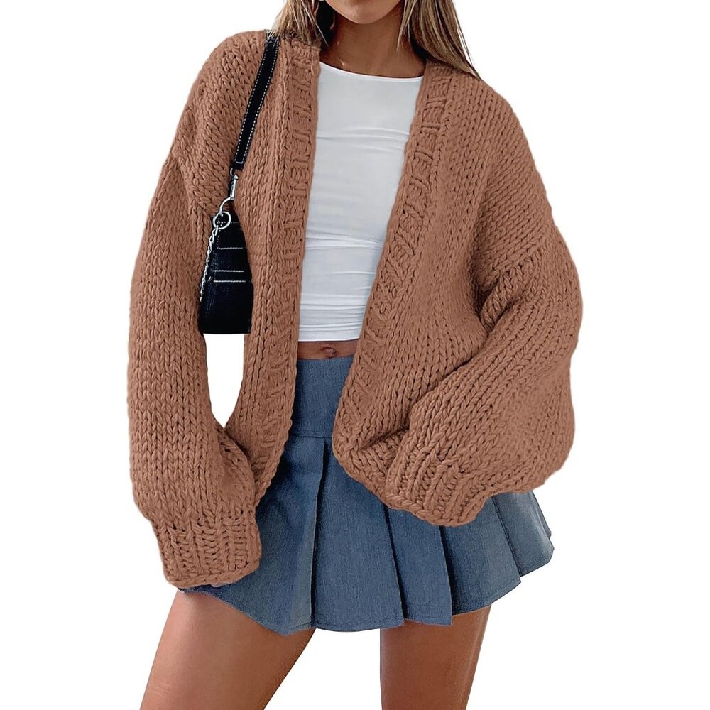 Womens Trendy Cardigan Sweaters Red Camel Long Sleeve Chunky Knit Outfits